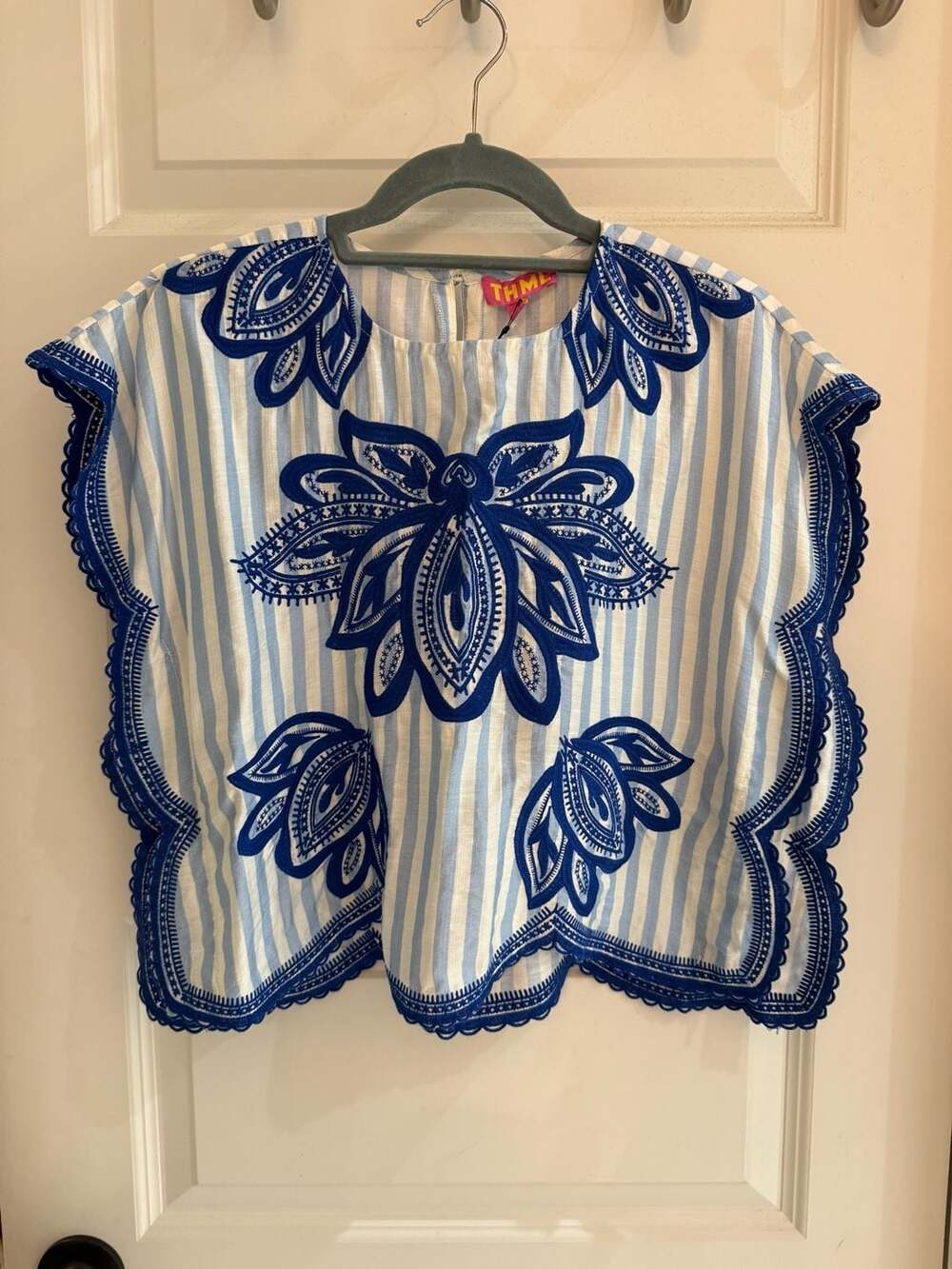 THML Arie Top Blue and White Striped Embroidered Scalloped Blouse